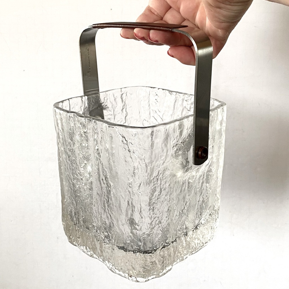 1960s Hoya Glacier Ice Bucket Art Glass Aluminum Handle Japan Mid Century